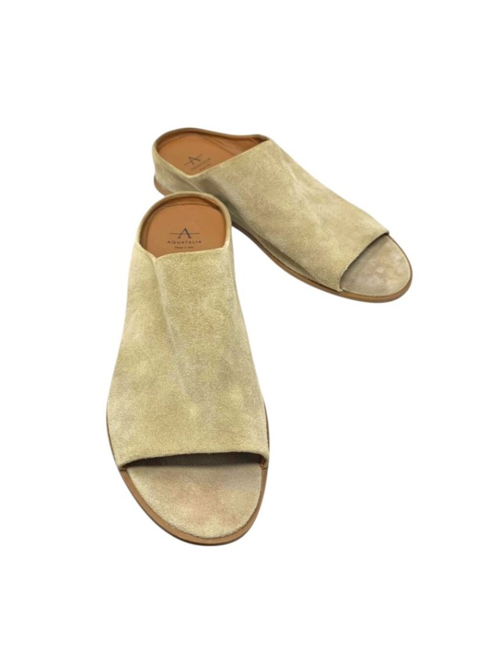 Aquatalia Anne Tan Suede Low Wedge Open Toe Mules